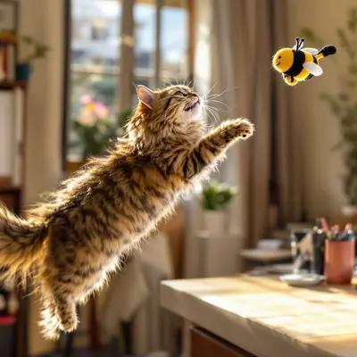 Playful Maine Coon Cat Leaping for Bee Toy