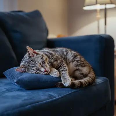 Blue Tabby Cat Napping on Velvet Couch