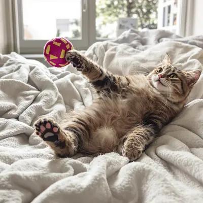 Playful Scottish Straight Cat on Cozy Bed