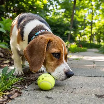 Curious Beagle Puppy Discovers Tennis Ball