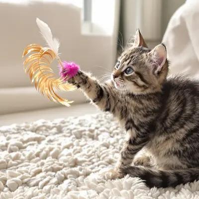 Playful Kitten Batting Feather Wand Toy