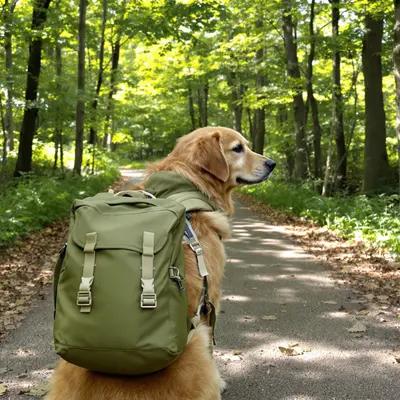 Golden Retriever's Forest Adventure with Backpack