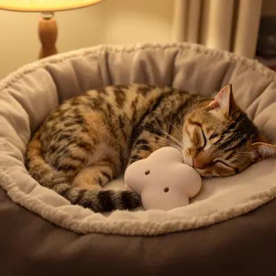 Blissful Tabby Cat Napping in Cozy Bed