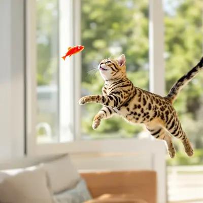 Playful Bengal Cat Leaping for Toy Fish