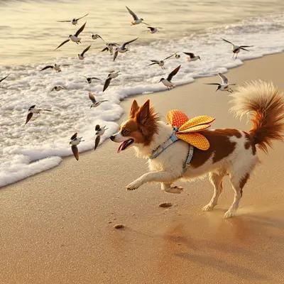 Playful Papillon Chasing Birds on Golden Beach