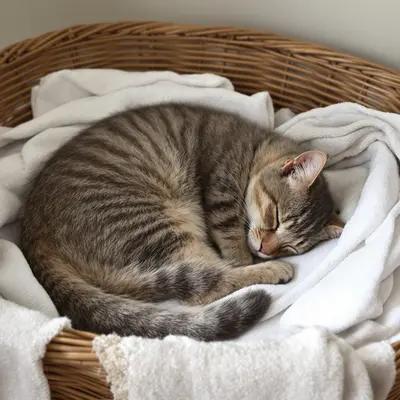 Peaceful Tabby Cat Napping in Laundry Basket