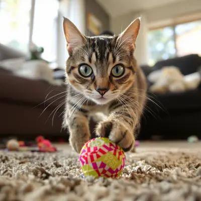 Tabby Cat's Playful Pounce on Crinkle Ball
