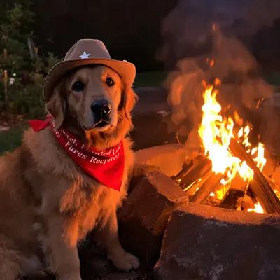 Golden Retriever Cowboy by the Campfire