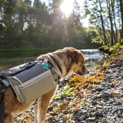 Adventure Dog Pauses by Sunny River