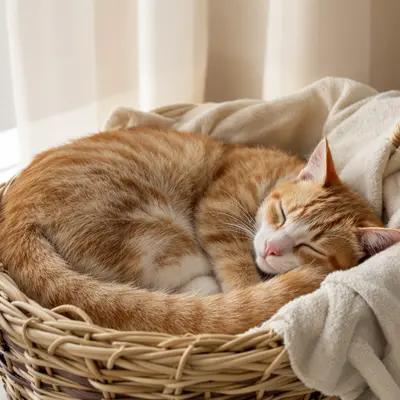 Peaceful Ginger Tabby Cat Napping in Basket