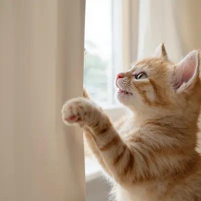 Playful Orange Tabby Kitten Batting Curtain String