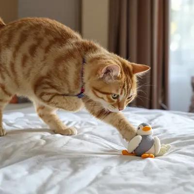 Playful Ginger Tabby Pouncing on Toy