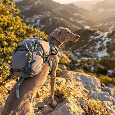 Weimaraner Hiker on Mountain Peak