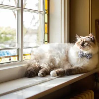 Dapper Ragdoll Cat on Sunlit Ledge