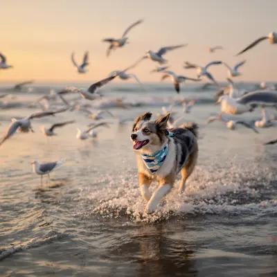 Playful Aussie Chasing Seagulls at Sunset Beach
