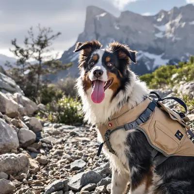 Happy Australian Shepherd on Mountain Hike