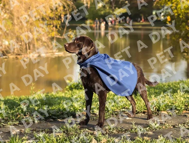 Chocolate Labrador in Superhero Cape by Pond