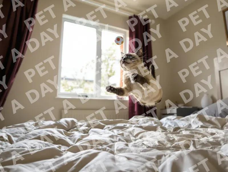 Playful Siamese Cat Leaping for Toy