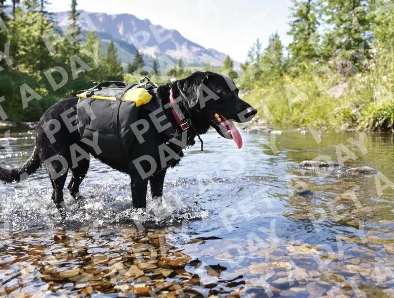 Adventurous Black Lab in Mountain Stream