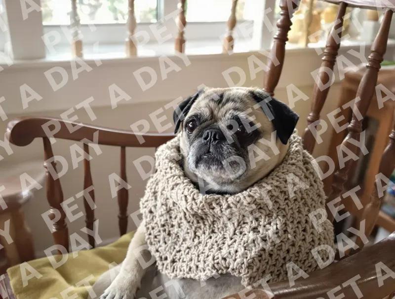 Serene Aged Pug in Cozy Knitted Shawl