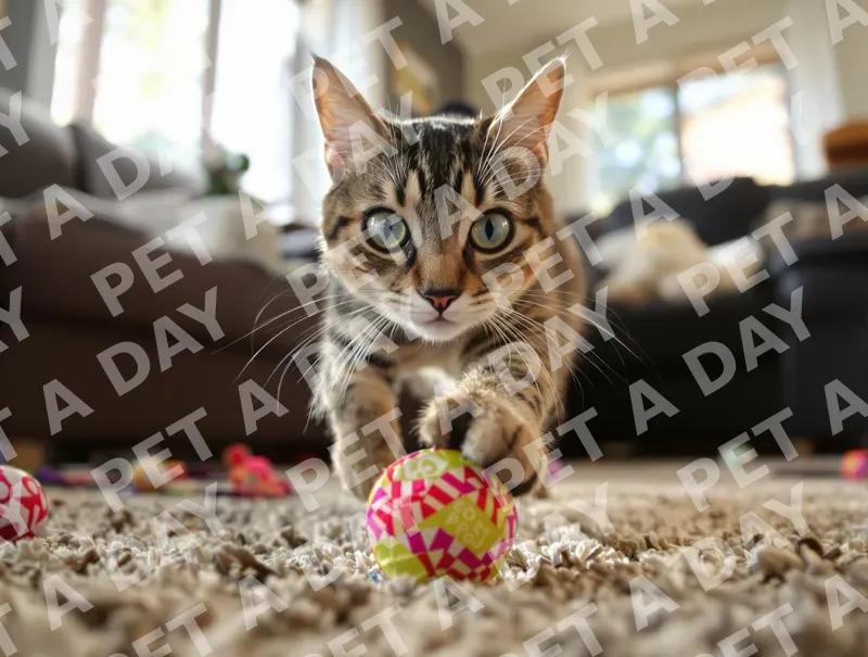 Tabby Cat's Playful Pounce on Crinkle Ball