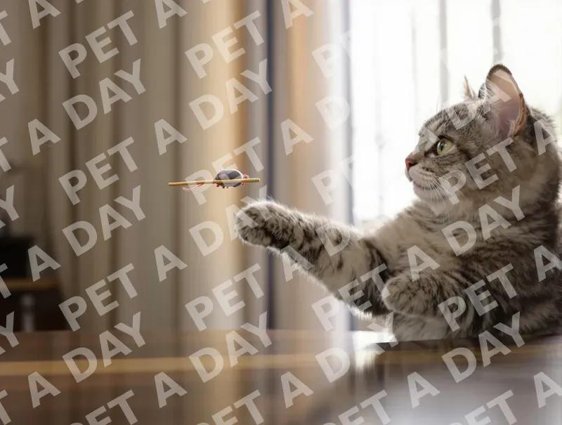 Playful Cat Reaching for Toy Mouse