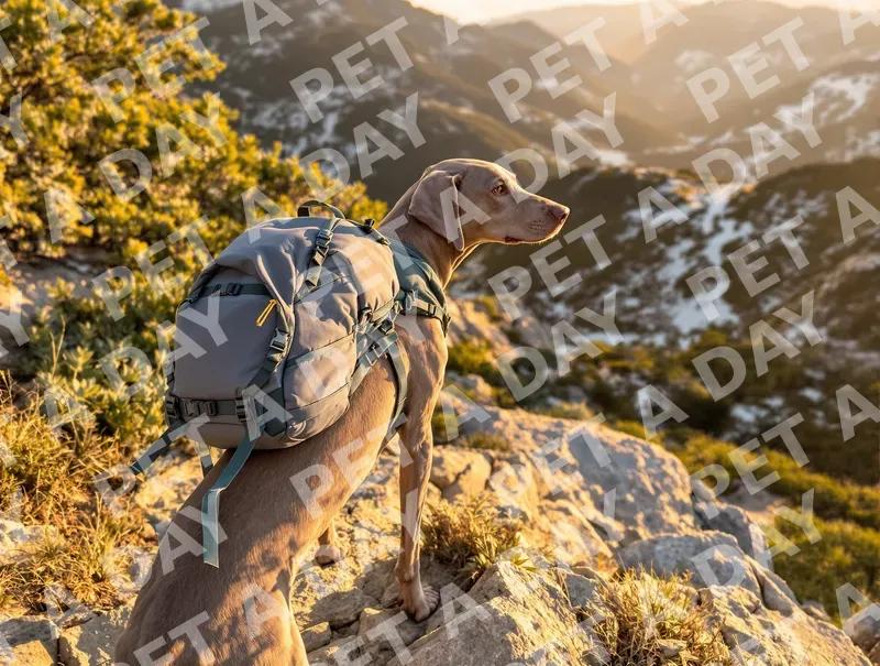 Weimaraner Hiker on Mountain Peak
