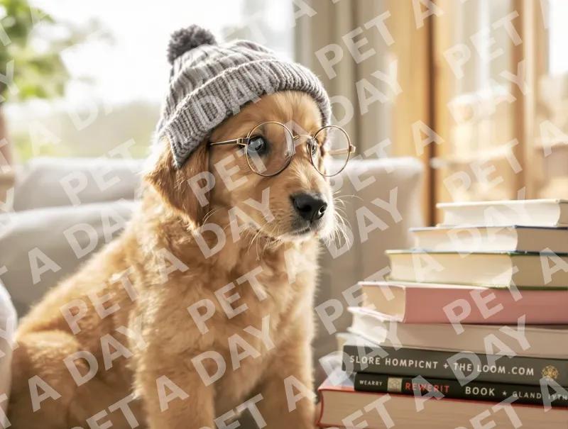Adorable Bookworm Puppy in Cozy Setting