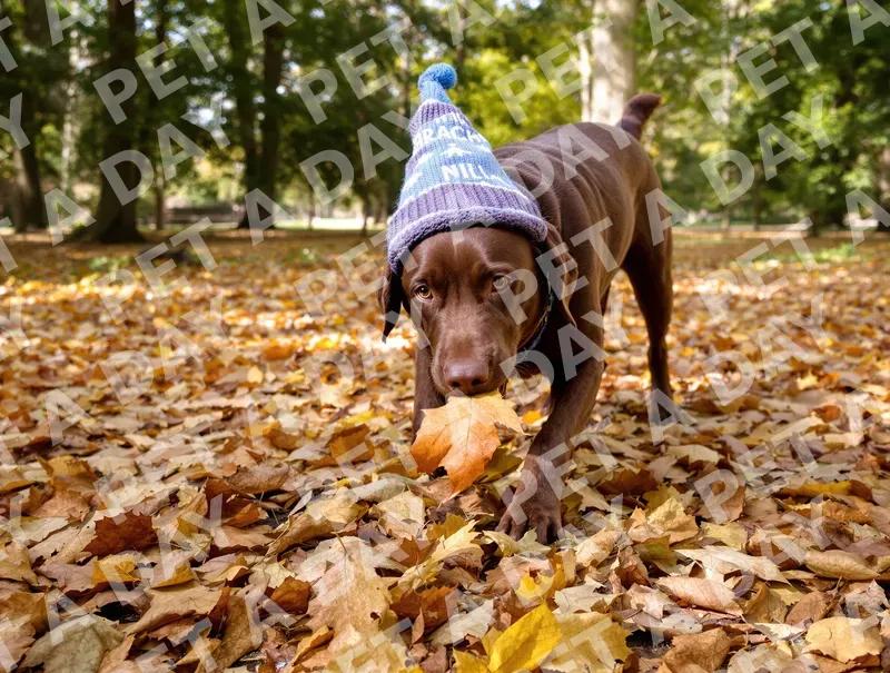 Playful Labrador in Wizard Hat with Autumn Leaf