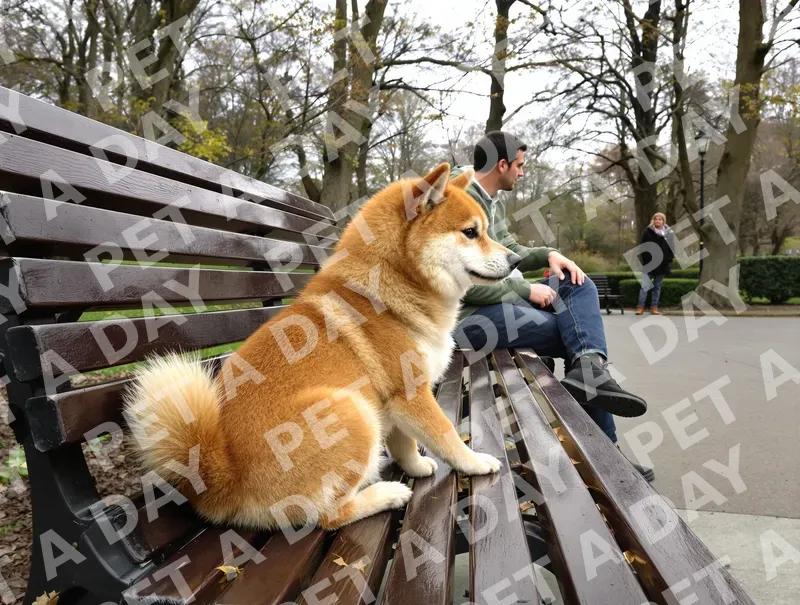 Patient Shiba Inu on Park Bench