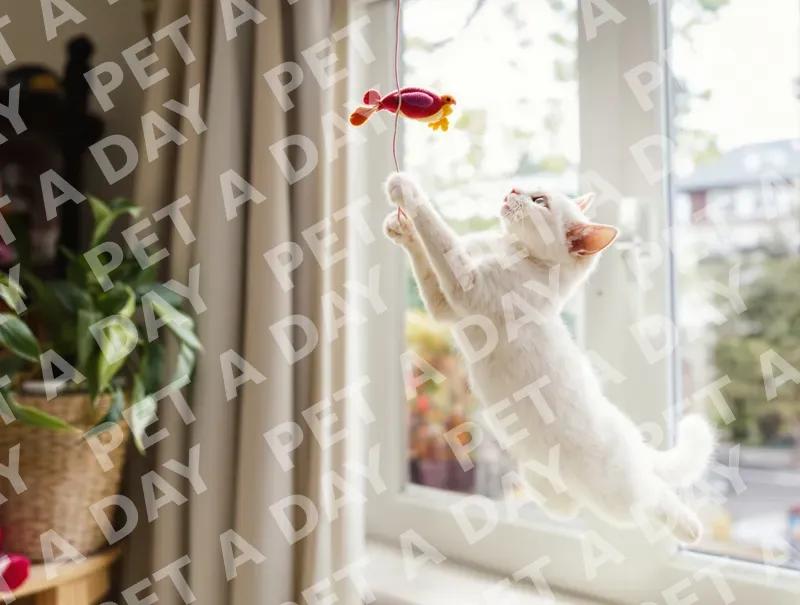 Playful White Cat Leaping for Toy Bird