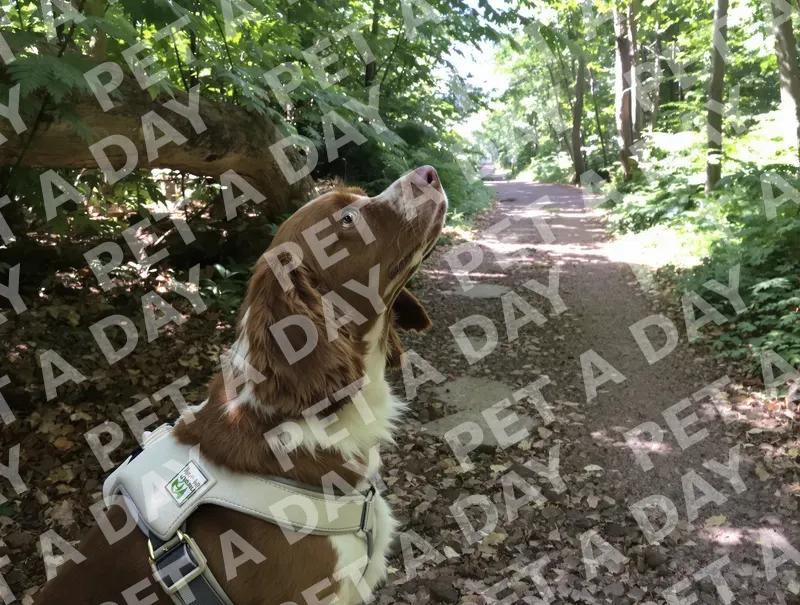 Curious Brittany Spaniel on Forest Trail