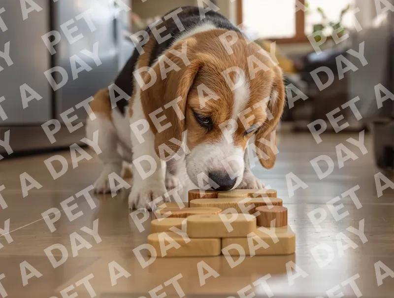 Curious Beagle Puppy with Wooden Puzzle