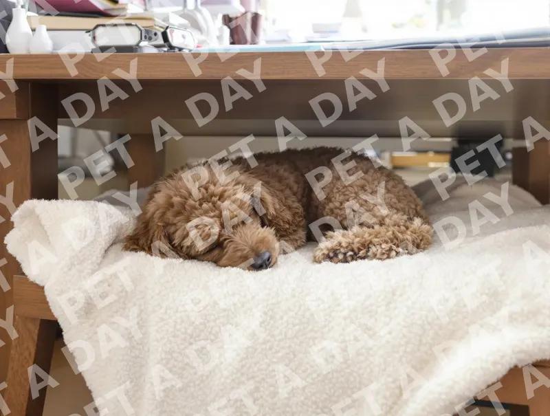 Peaceful Miniature Poodle Napping Under Desk
