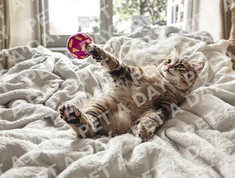 Playful Scottish Straight Cat on Cozy Bed
