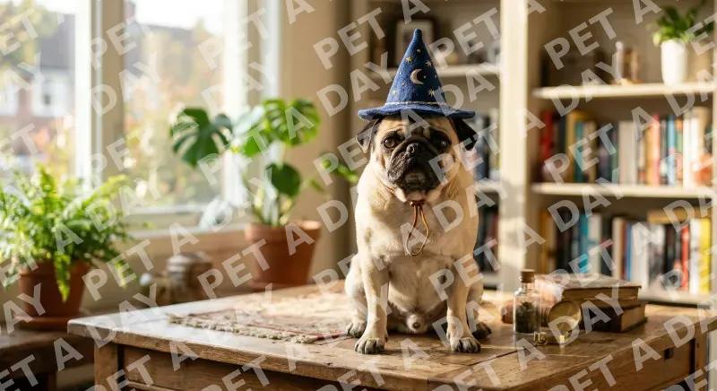 pug wearing a small felt wizard hat