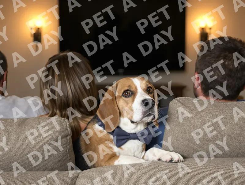Beagle in Bowtie Watching TV with Couple