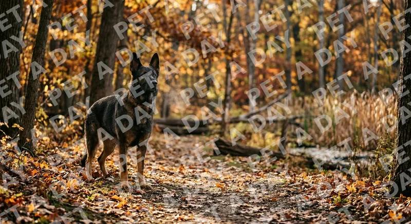 German shepherd standing alert in autumn forest