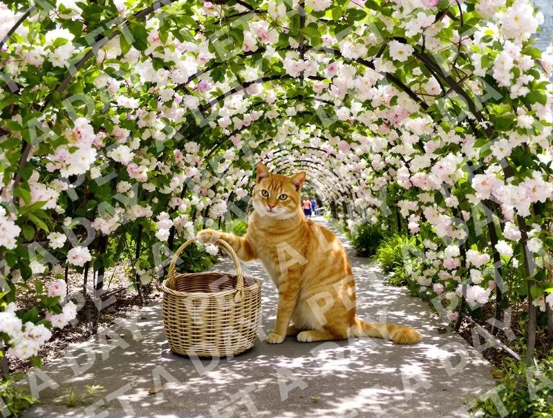 Orange Tabby Cat in Blooming Garden Archway