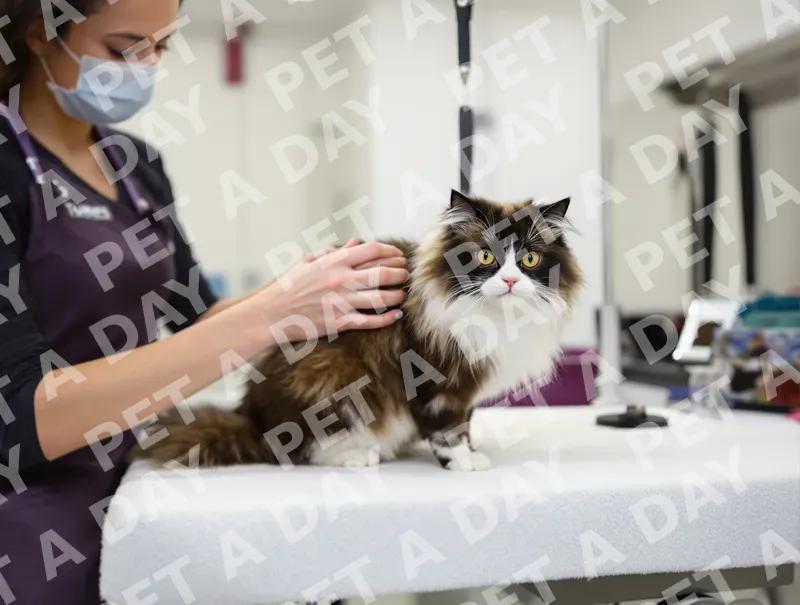 Fluffy Tuxedo Cat at Grooming Salon
