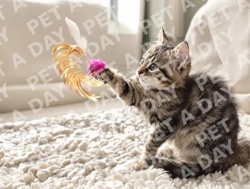 Playful Kitten Batting Feather Wand Toy