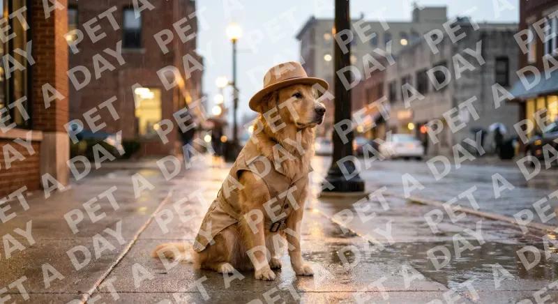 golden retriever wearing a small tan trench coat and fedora