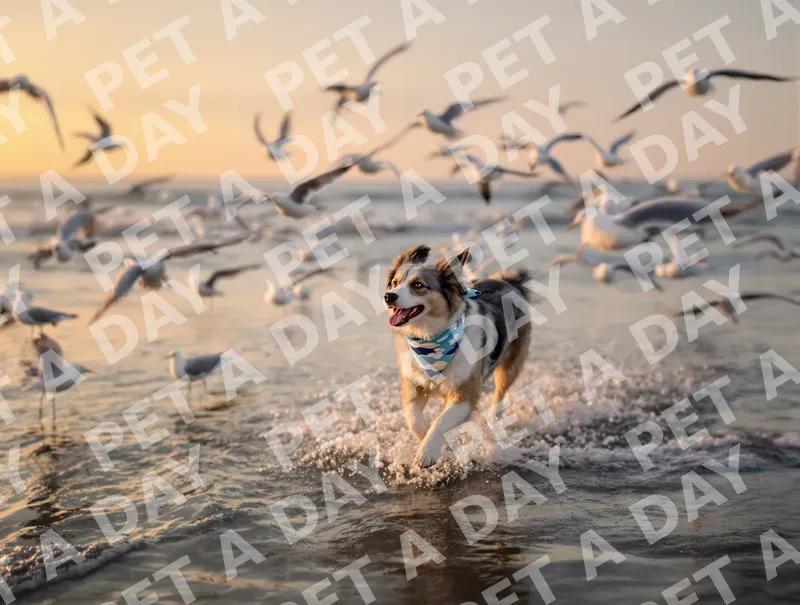 Playful Aussie Chasing Seagulls at Sunset Beach