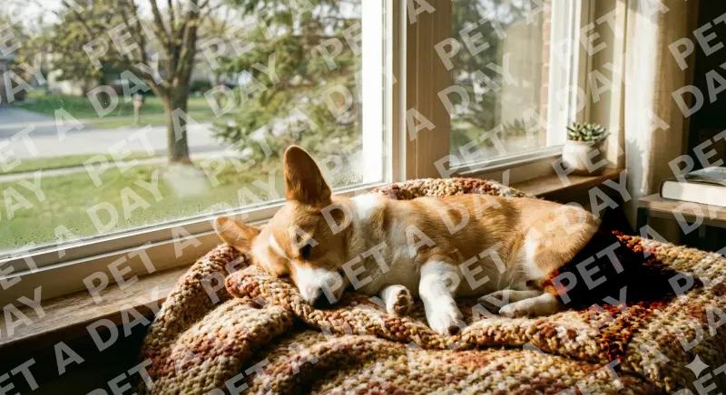 Corgi sleeping on a cozy blanket next to a window