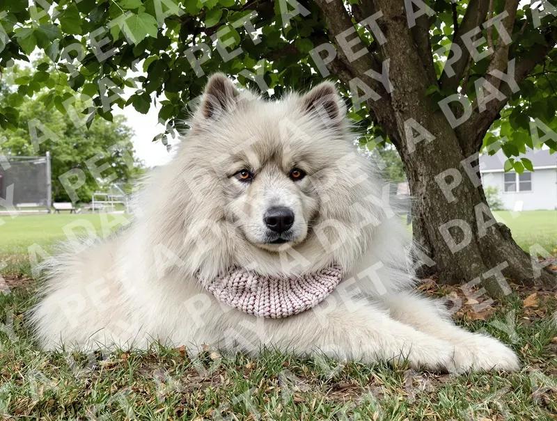 Fluffy Samoyed Resting Under Shady Tree