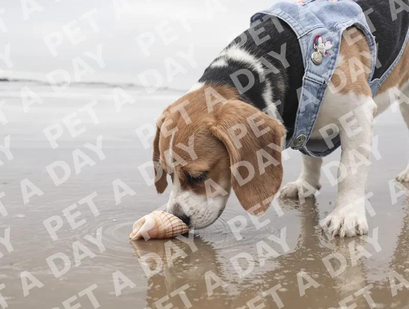 Curious Beagle Sniffing Seashell on the Beach
