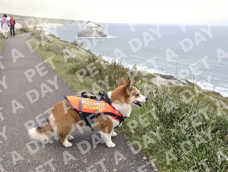Corgi Coastal Adventure in Lifeguard Vest