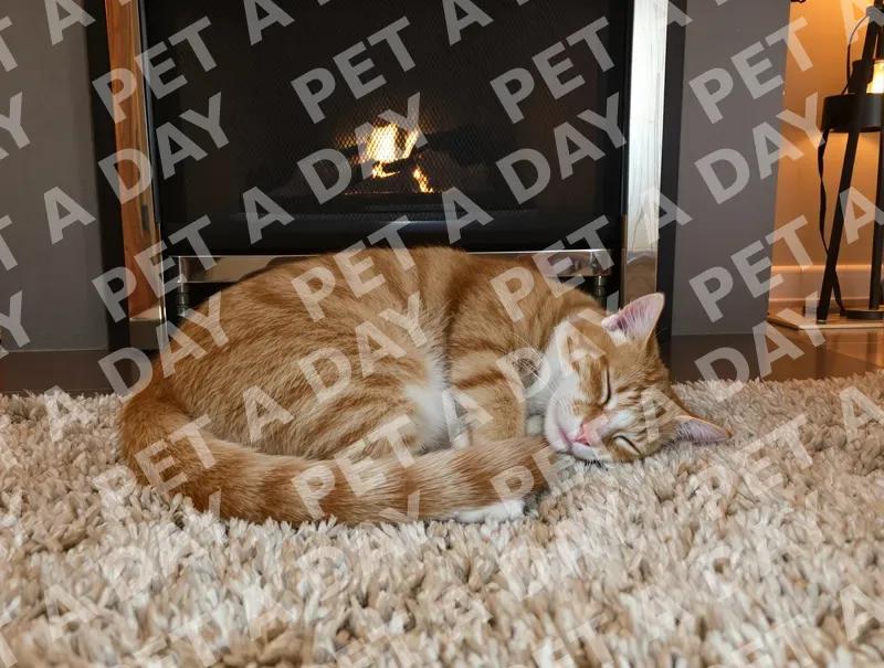 Cozy Ginger Tabby Cat Napping by Fireplace