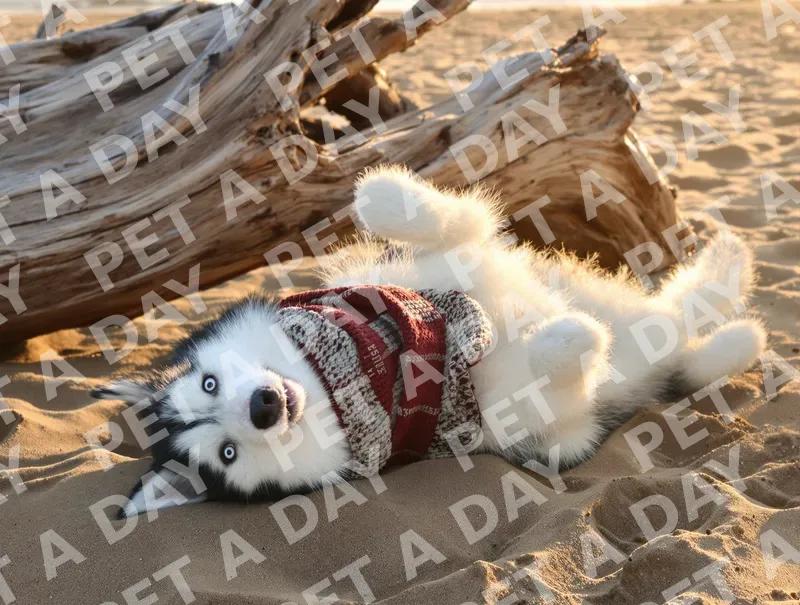 Playful Husky Rolling in Golden Sand