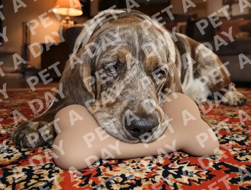 Sad Basset Hound Resting on Bone Cushion